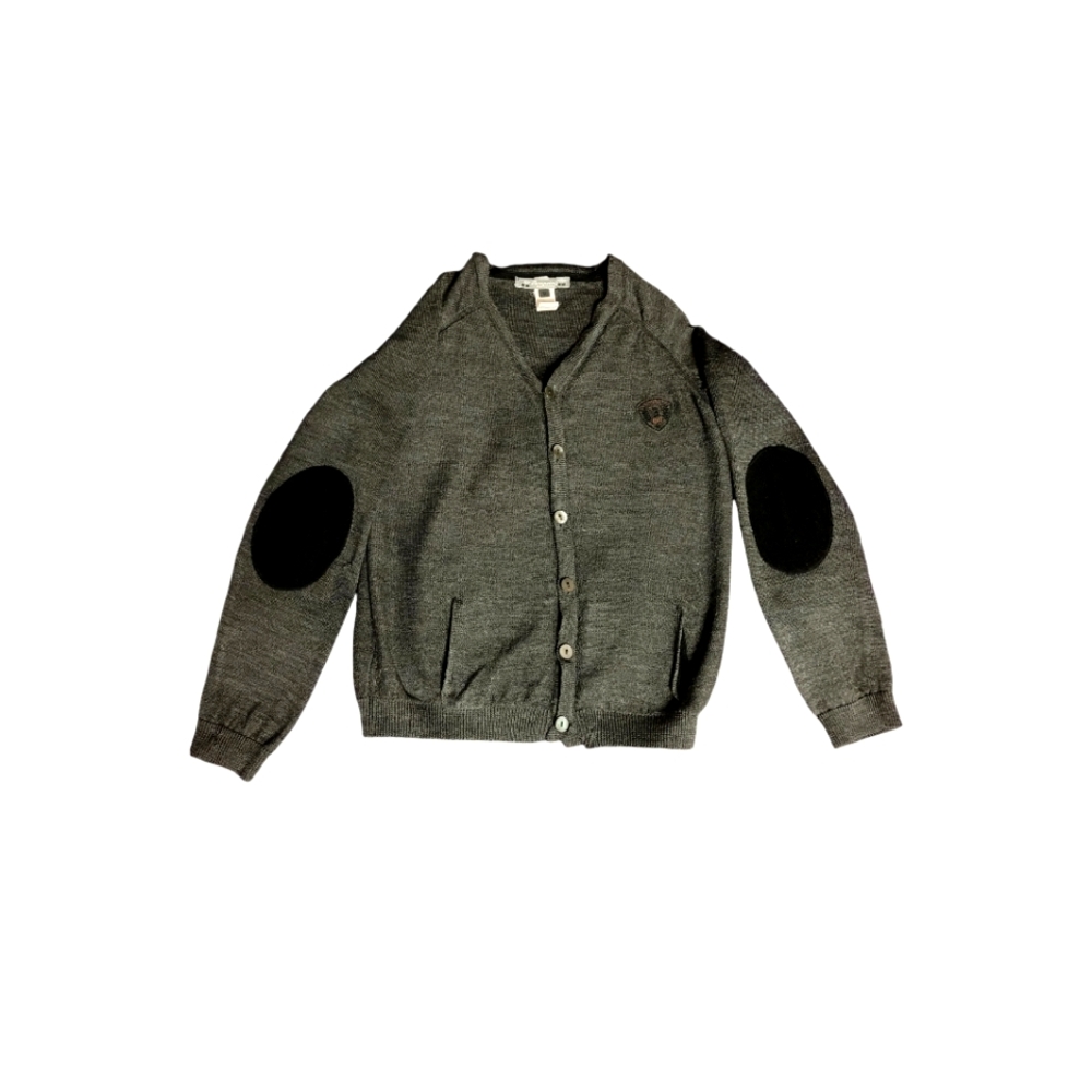 Bonpoint 100% Wool Button Up Cardigan with Elbow Patch 8 - Years Grey